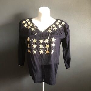 Durga Black Mexican Embroidered Sheer Blouse Tunic L